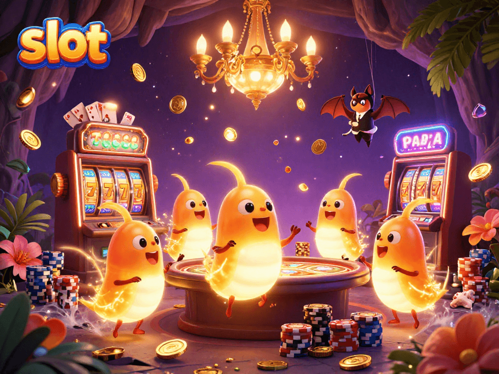 Slot yang menghibur dengan mesin slot bersinar dan dealer kelelawar di kasino gua.