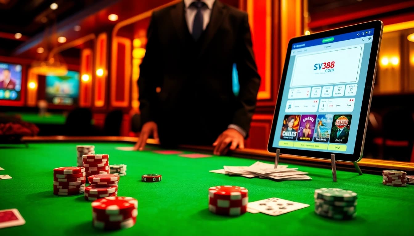 Experience the excitement of sv388com at a luxurious casino table filled with vibrant chips and cards.