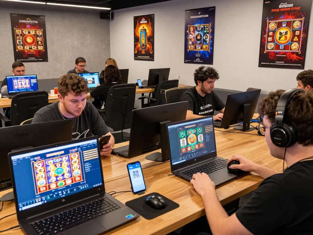 CEMARATOTO gaming community engaging with thrilling slot games in a vibrant lounge.