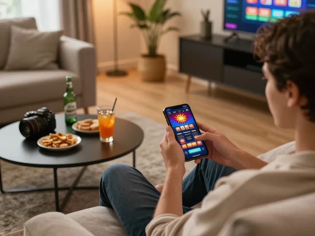 Engaging in sun win online casino gaming on smartphone in a cozy home setup.