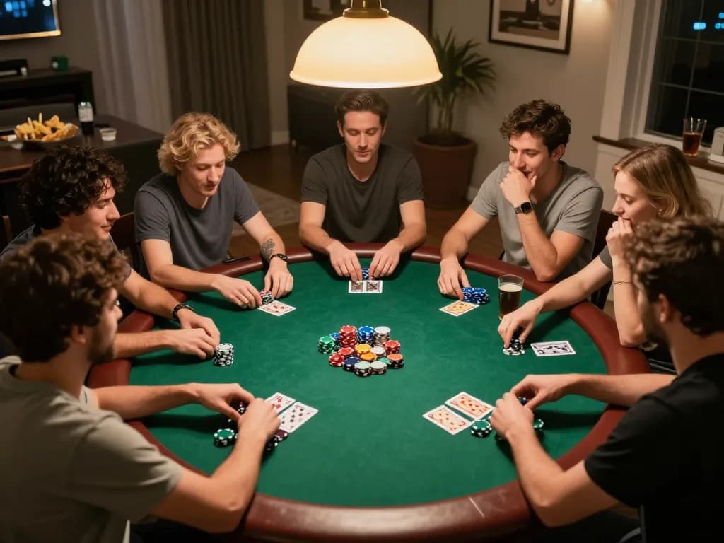 Friends enjoying a poker night at home, showcasing vipwin strategies in a friendly atmosphere.