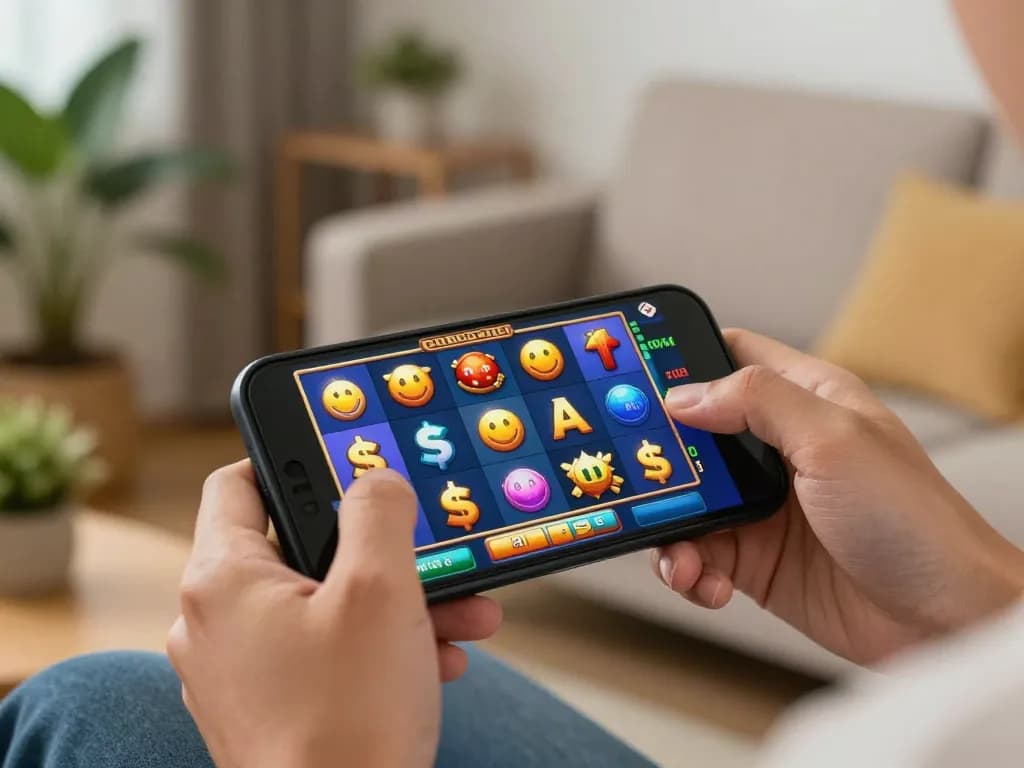 Engaged player interacting with slot gacor game on mobile while sitting comfortably at home