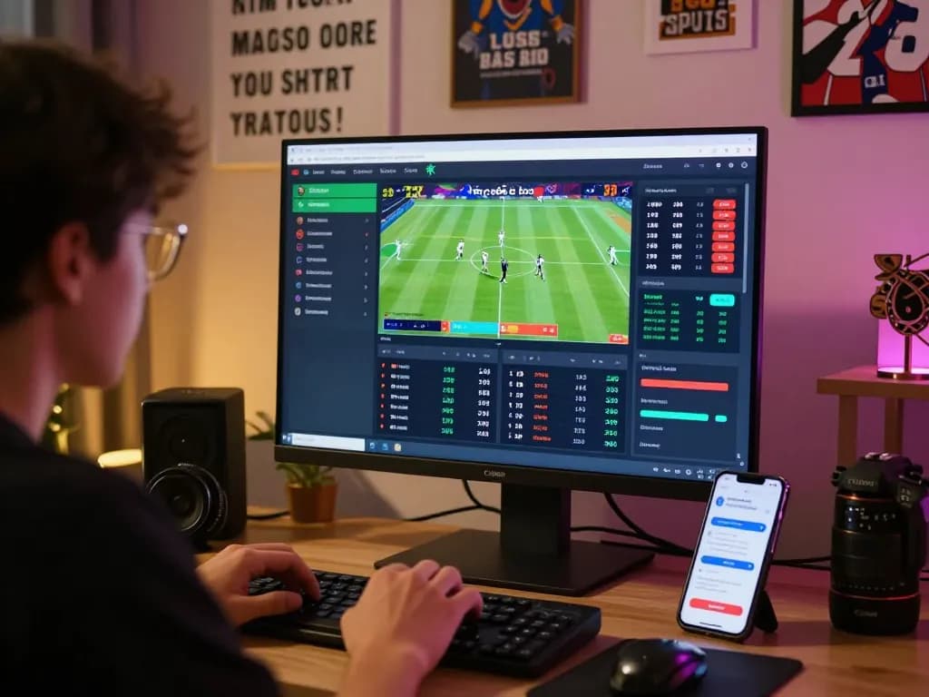 Engaged user analyzing kèo nhà cái odds on a vibrant online betting platform with live football matches.