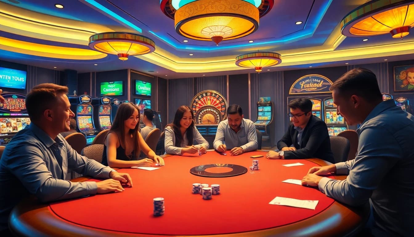 Players strategizing at a poker table while engaging with lk21 indoxxi-themed casino visuals.