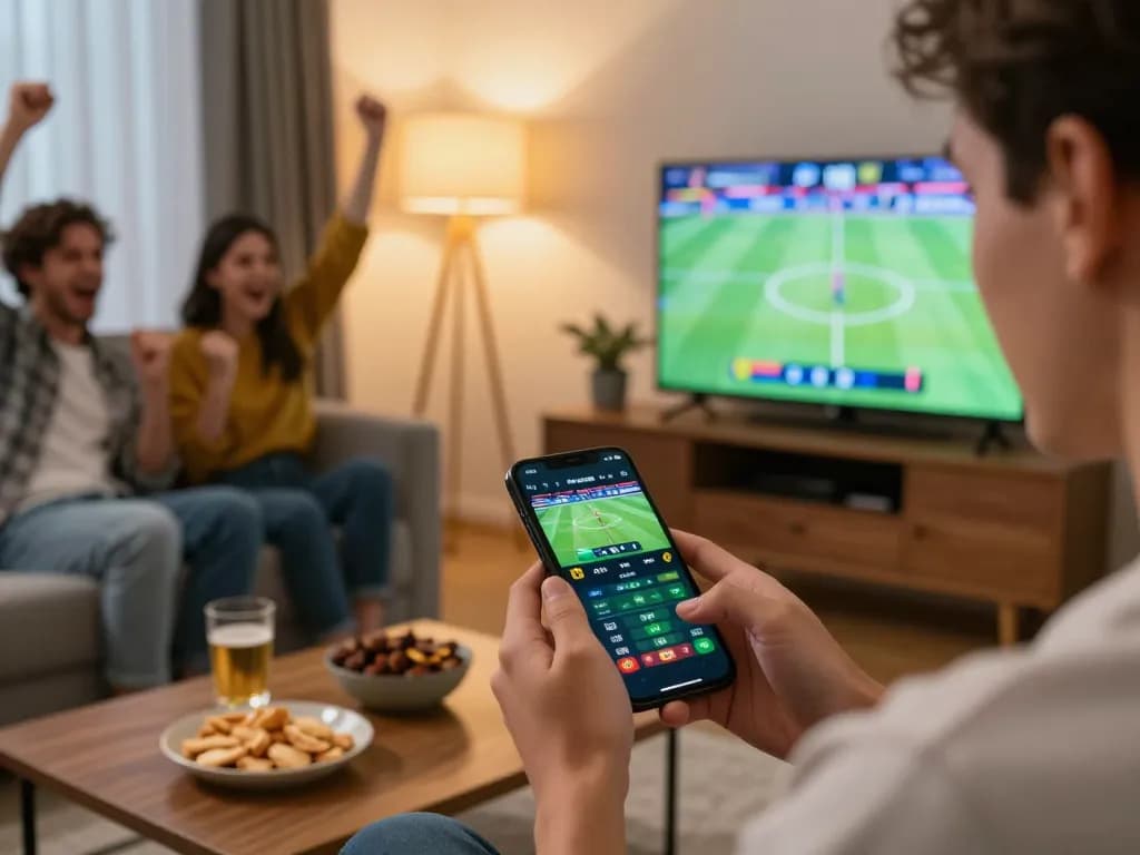 Engaging in sports betting on BK8 app with friends cheering during a game.
