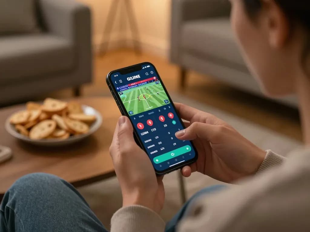 Player using vaobet app for live sports betting, showcasing odds and matches in a cozy home setting.