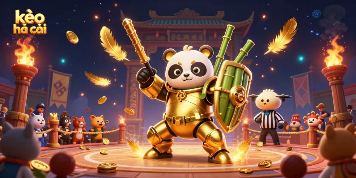 Engage in exhilarating betting action with kèo nhà cái amidst an electrifying arena featuring a golden panda in a mech-suit.