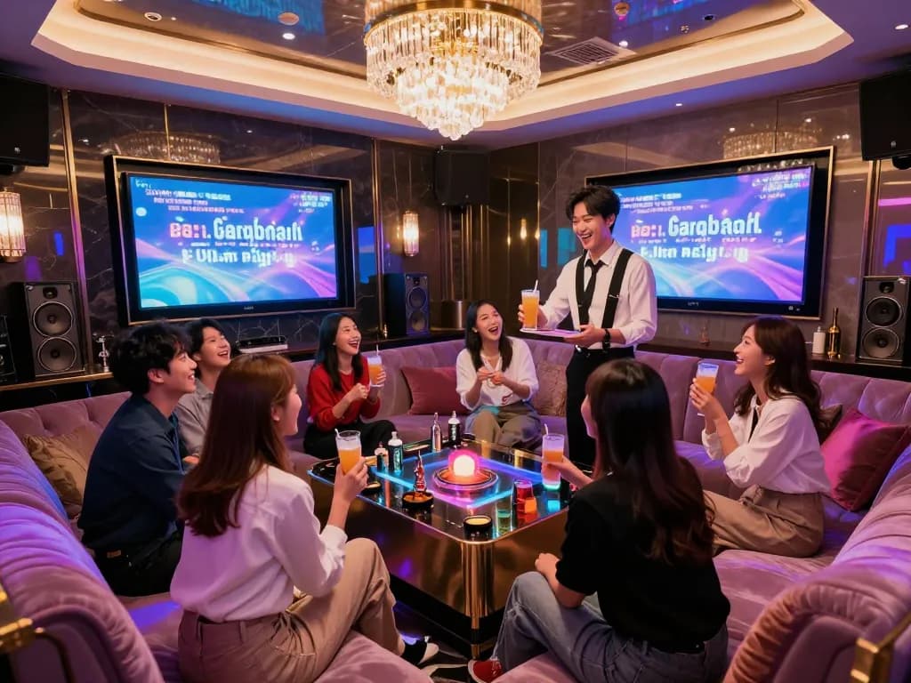 Experience the lively atmosphere of 강남가라오케 with friends enjoying karaoke in luxury private rooms.