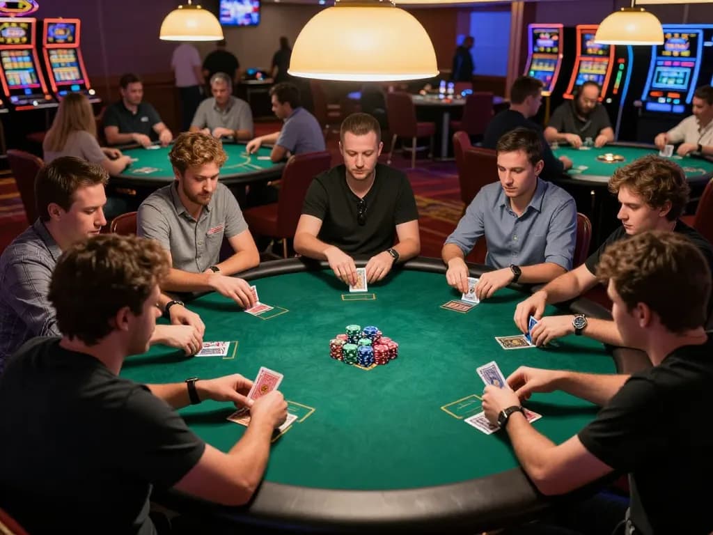 DABET poker players engaged in competitive gameplay at a casino table with vibrant atmosphere.