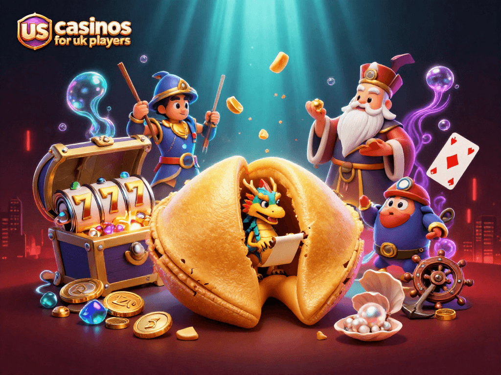 Engage with us casinos for uk players featuring vibrant 3D characters and casino elements in a dazzling scene.