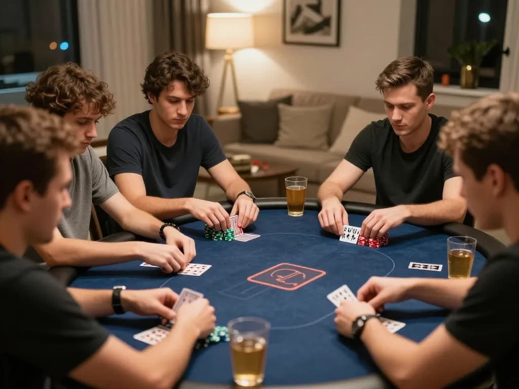 LIGA2000 players strategizing during an exciting home poker game night.