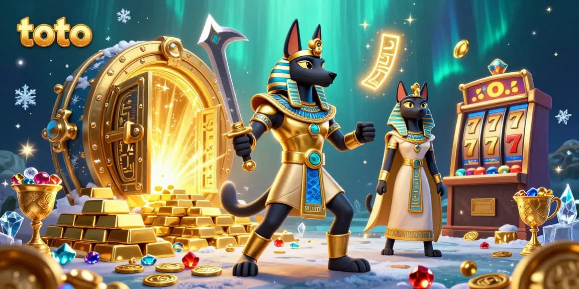 Engage with toto slot gaming featuring Anubis and treasure in a captivating casino scene.