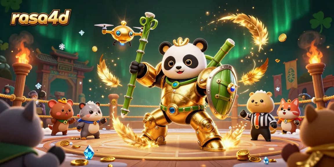 Mendukung permainan di dunia rasa4d, panda emas mengemudikan robot pertarungan dengan elemen kasino.