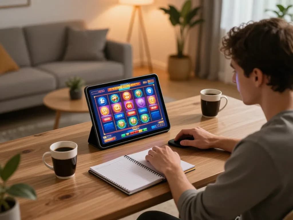 Player engaged in online slot games at a stylish home desk with strategies noted