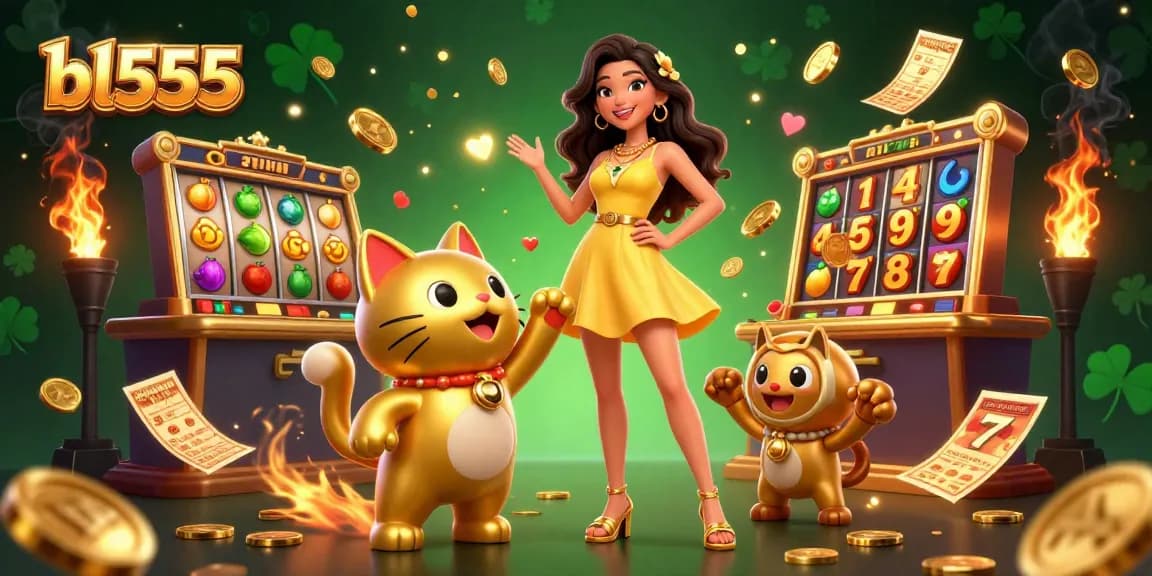 Experience the excitement of slots at bl555 with a cheerful character and golden elements.