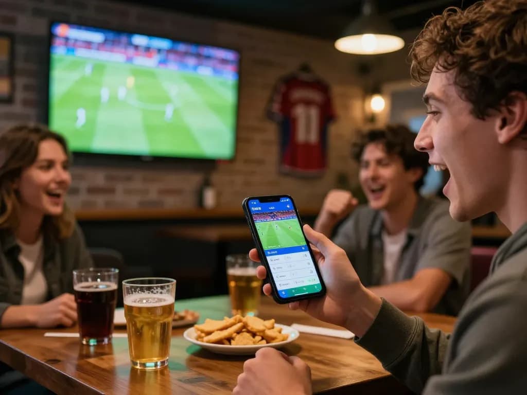Engaged bettor using the GO8 app to place live bets during an exciting football match.