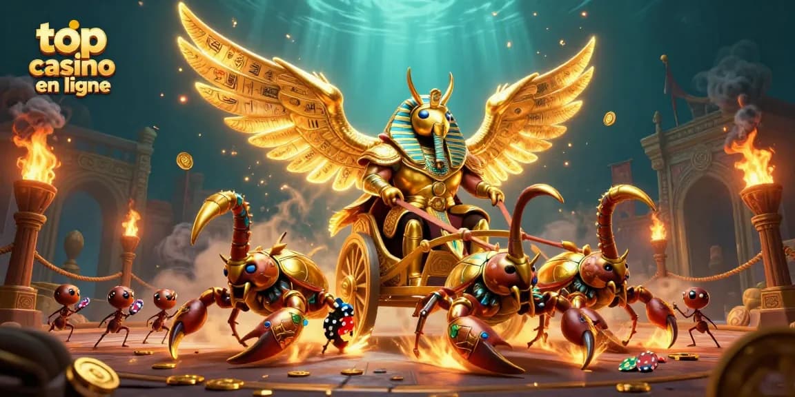 Jouez dans le top casino en ligne avec cette illustration de scarabée doré dans un chariot.