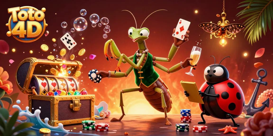 Engage with Toto 4D slots as a giant mantis deals cards and a ladybug oversees the vibrant casino scene.