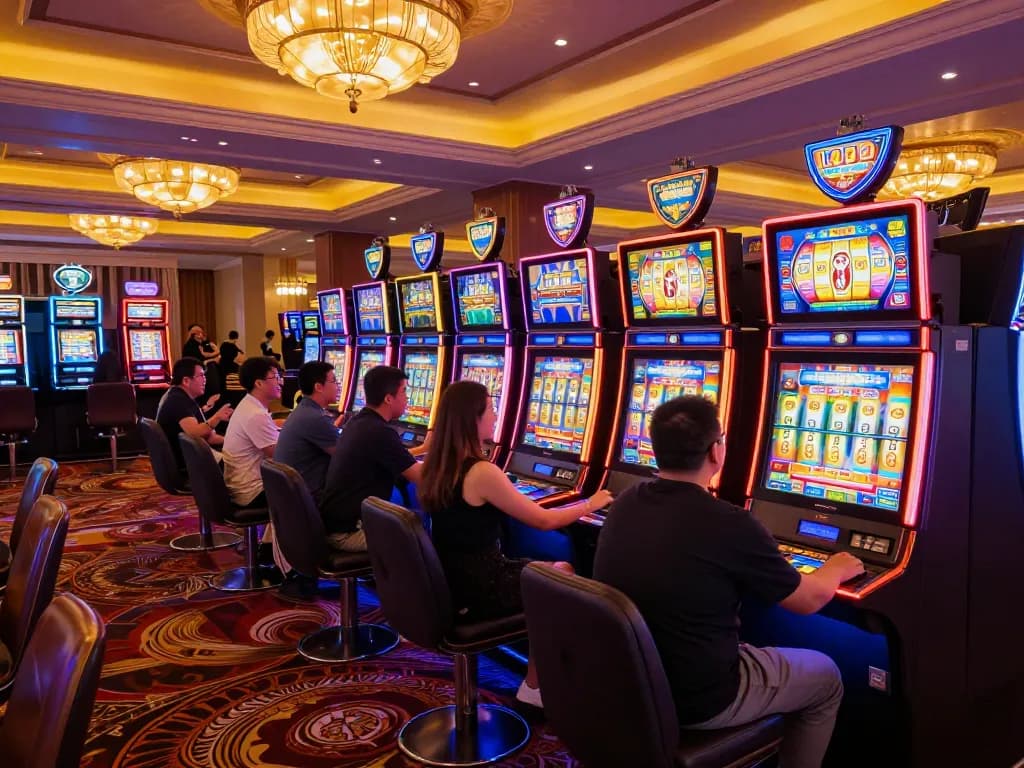Players enjoying the exciting slot777 machines in a vibrant casino atmosphere