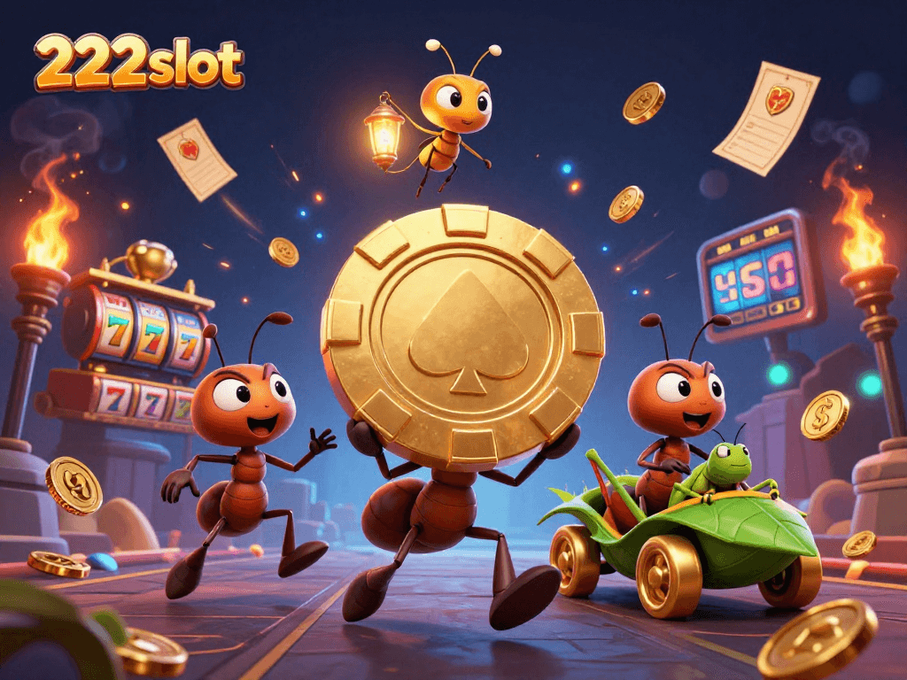 Melihat 222slot saat tim ants membawa chip poker emas raksasa dalam suasana penuh keriangan.