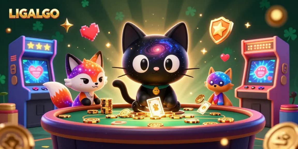 LIGALGO showcases a vibrant cosmic casino scene with a black hole cat and colorful nebula fox thrillingly attracting winning chips.