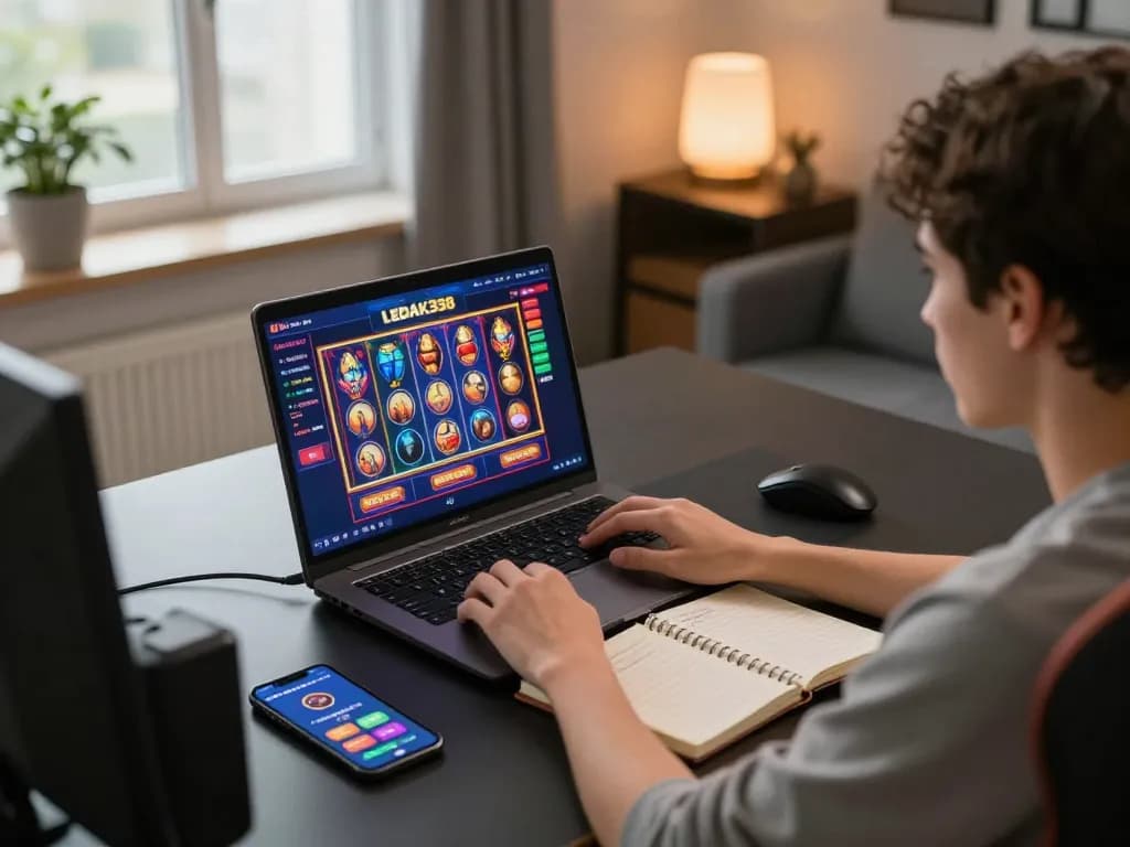 Player engaging with LEDAK338 on laptop in modern gaming setup, showcasing responsible gambling atmosphere.