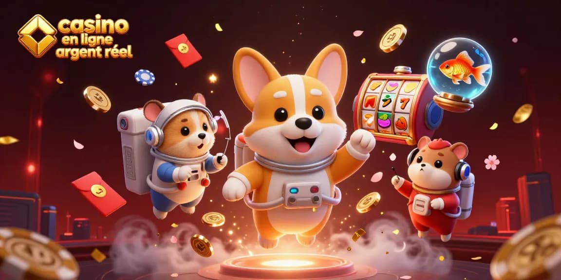Une scène de casino en ligne argent réel avec un corgi astronaute flottant et des jetons tournants.