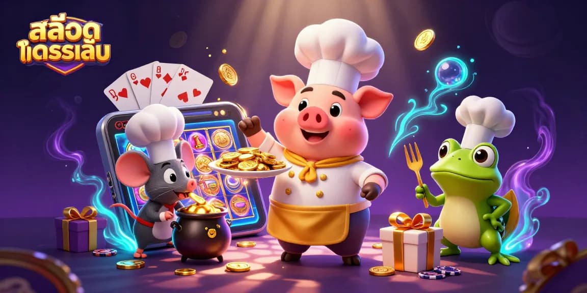 Play สล็อตทดลองเล่น with our colorful 3D casino scene featuring coins and slot games.