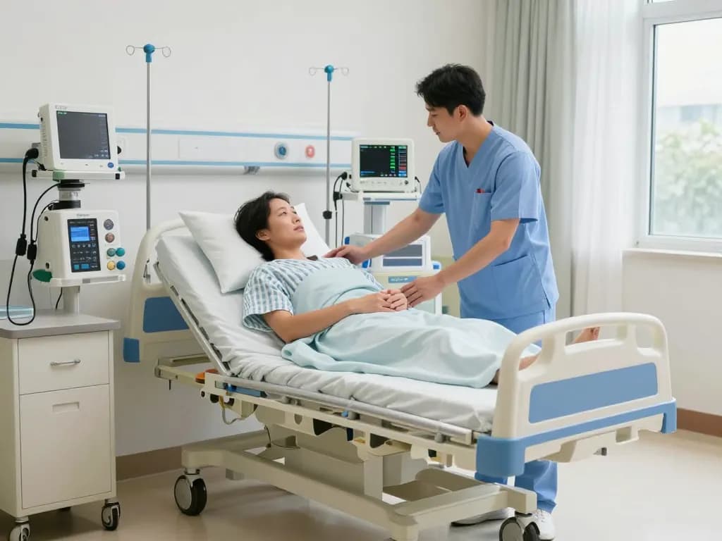 Patient utilizing giường bệnh nhân in a modern healthcare environment with medical staff assisting.