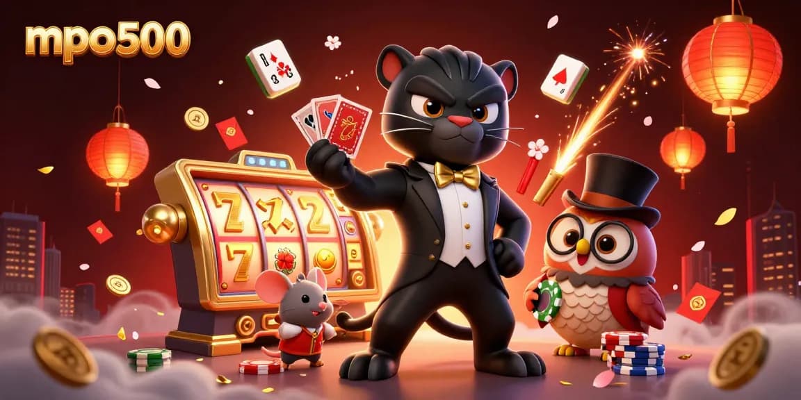 Engage with mpo500 through an exciting 3D illustration of a black panther dealing cards and friends gambling.