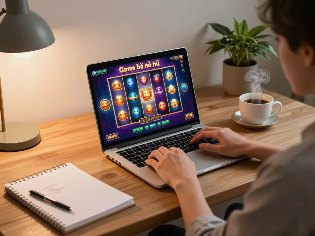 Engaging in Game bài nổ hũ online from a cozy home office, displaying excitement and strategy.
