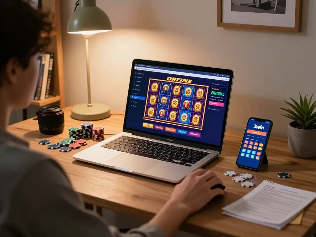 Player engaging with the 3win online casino interface at home, showcasing a comfortable gaming setup.