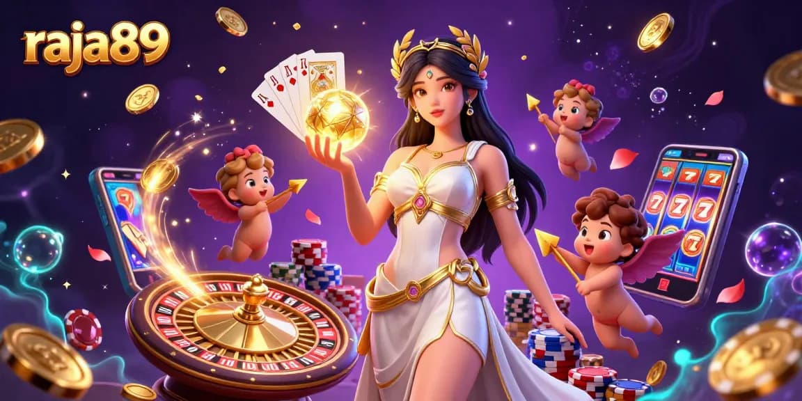 Win big with raja89 in an immersive 3D casino scene packed with vibrant games and gold.