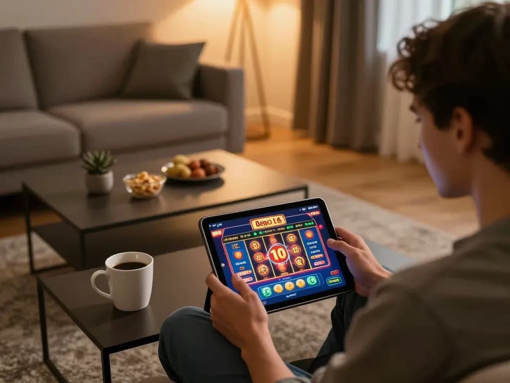 Player enjoying slot depo 10 game on tablet in cozy modern living room.