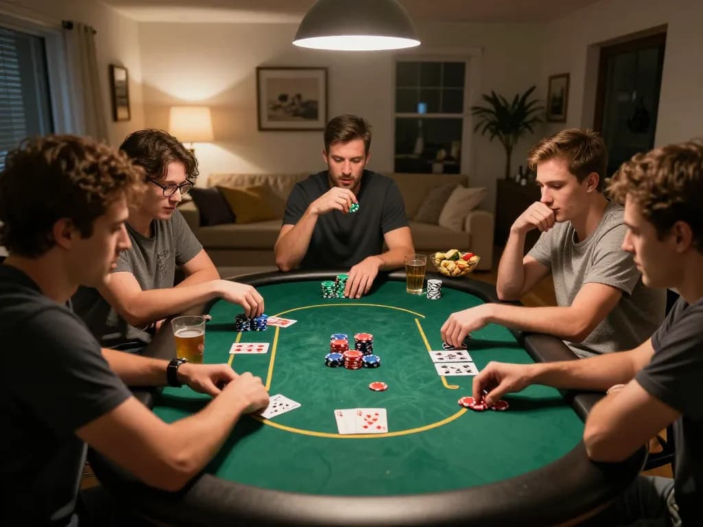 Pemain Boba99 merancang strategi dalam permainan poker ramah di sekitar meja modern.