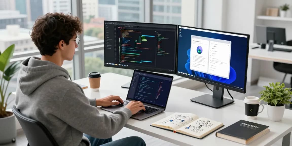 MoltBot AI workspace scene with a developer coding on dual monitors, showcasing a modern and inspiring tech environment.