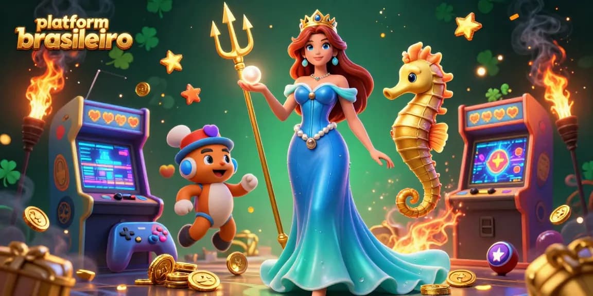 Engage with platform brasileiro in this vibrant 3D illustration showcasing underwater treasures and gaming elements.