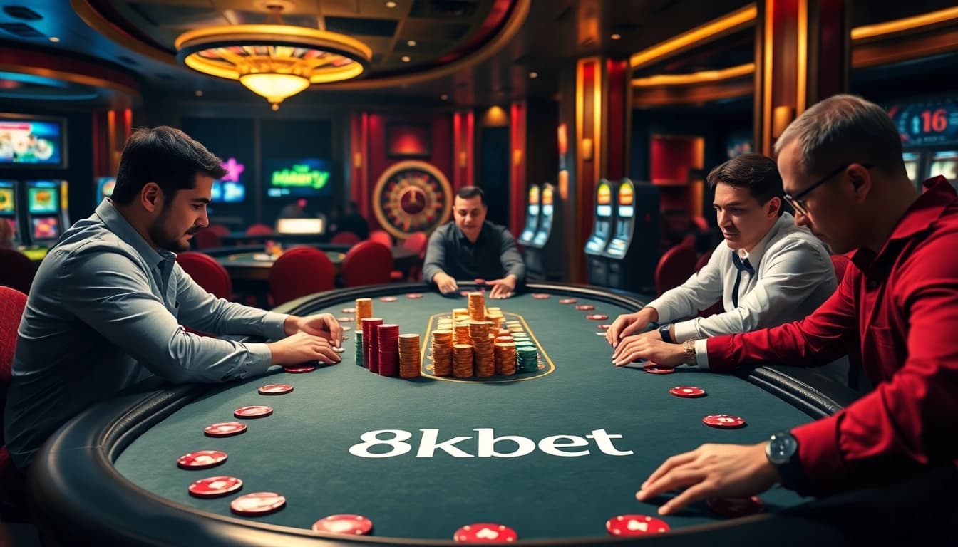Exciting poker action at 8kbet casino table, showcasing vibrant chips and professional players.