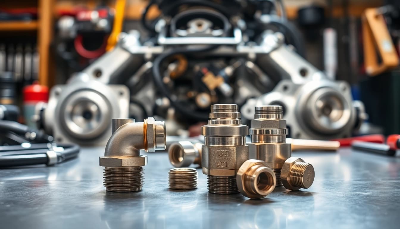 Explore EFI fuel system fittings showcased on a workshop table, emphasizing quality and craftsmanship.