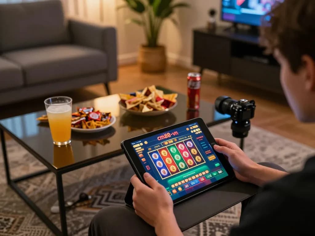 Player engaging with cm88-vn online casino app, showcasing vibrant slot games in a cozy home setting