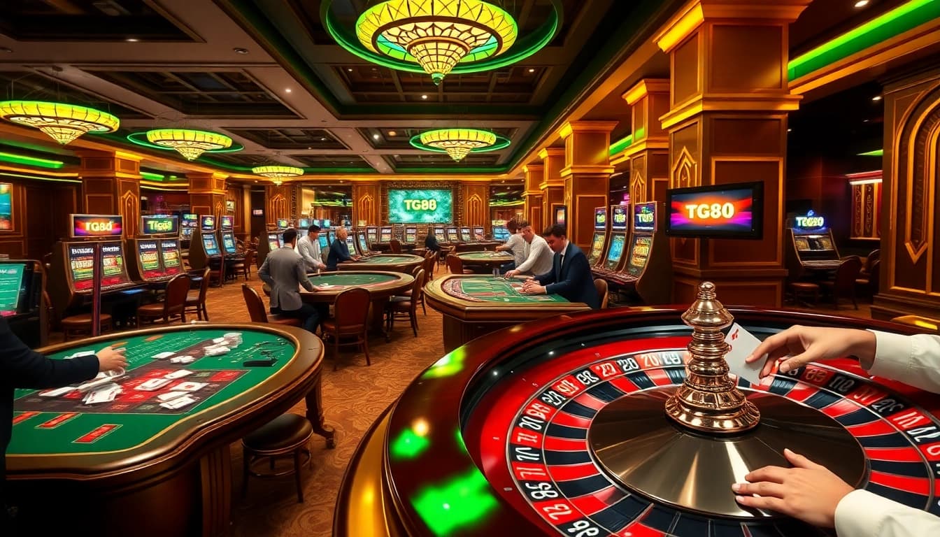 Experience the thrill of online gaming with tg88, showcasing vibrant casino tables and excited players.