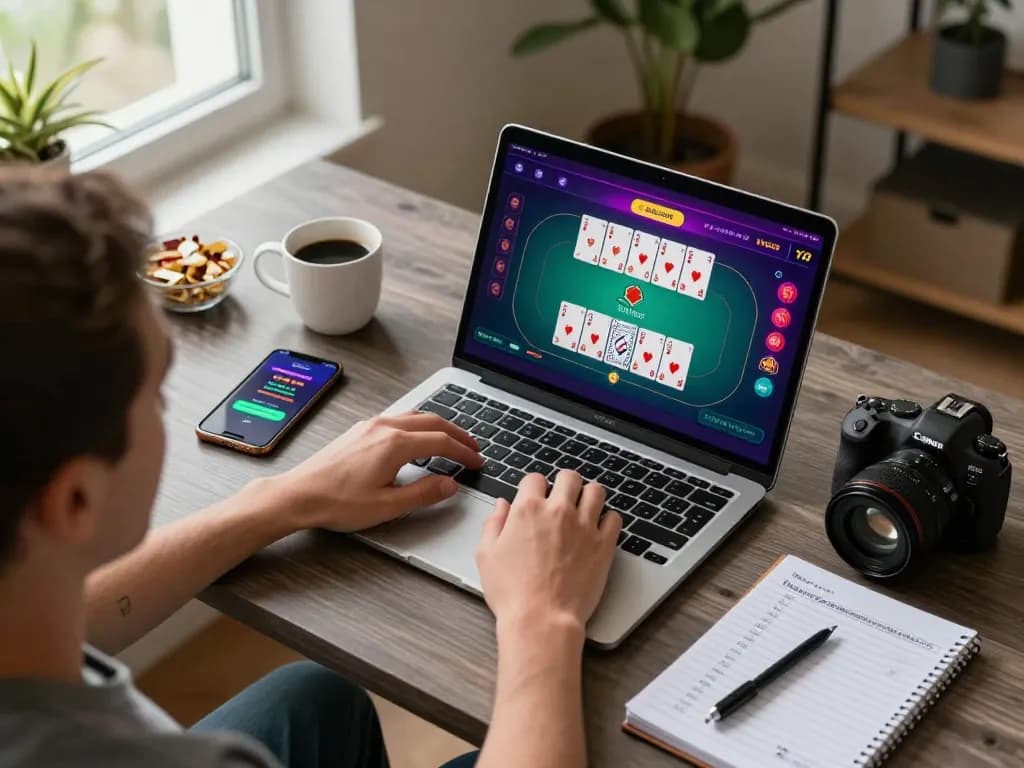 Engaging online poker gameplay on a laptop by sunwin featuring colorful cards and strategic notes on a cozy desk.