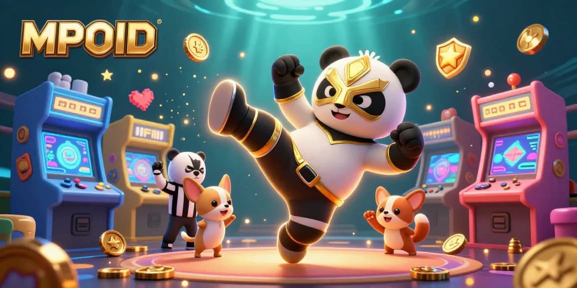 Engage with MPOID's dynamic gaming experience featuring a panda wrestler and lively animal audience.