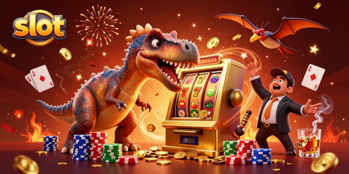 Slot-themed illustration with a dinosaur winning coins at a slot machine.