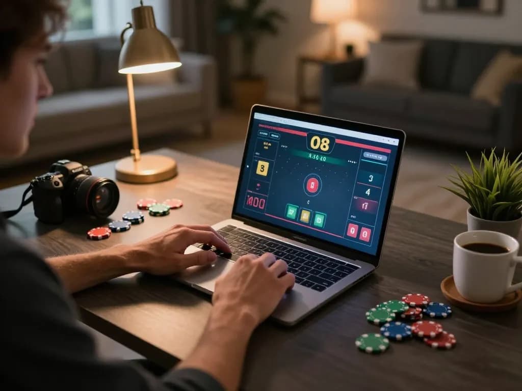 Player enjoying O8 poker at home, engaging in strategic gameplay on laptop.