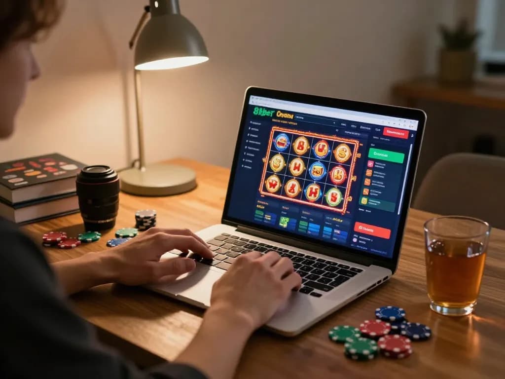 Person engaging with the 8xbet online casino interface on a laptop, showcasing vibrant gaming options in a cozy home setup