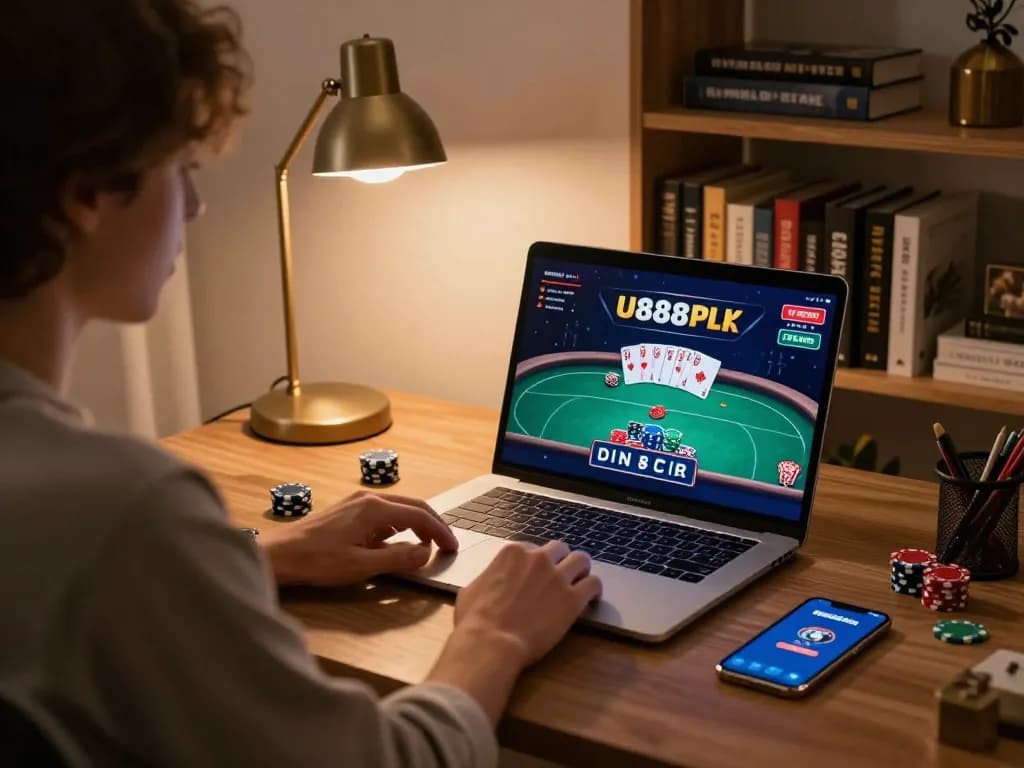 Engage with U888Poker while enjoying a cozy home gaming experience on a stylish laptop.
