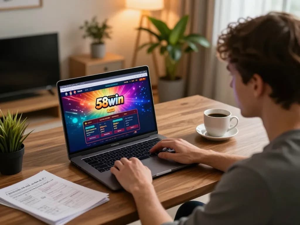 Person engaging with 58win online casino interface during a cozy home gaming session.