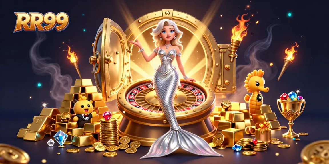 Engage with RR99 at a vibrant casino, showcasing a glamorous scene with roulette and treasures.