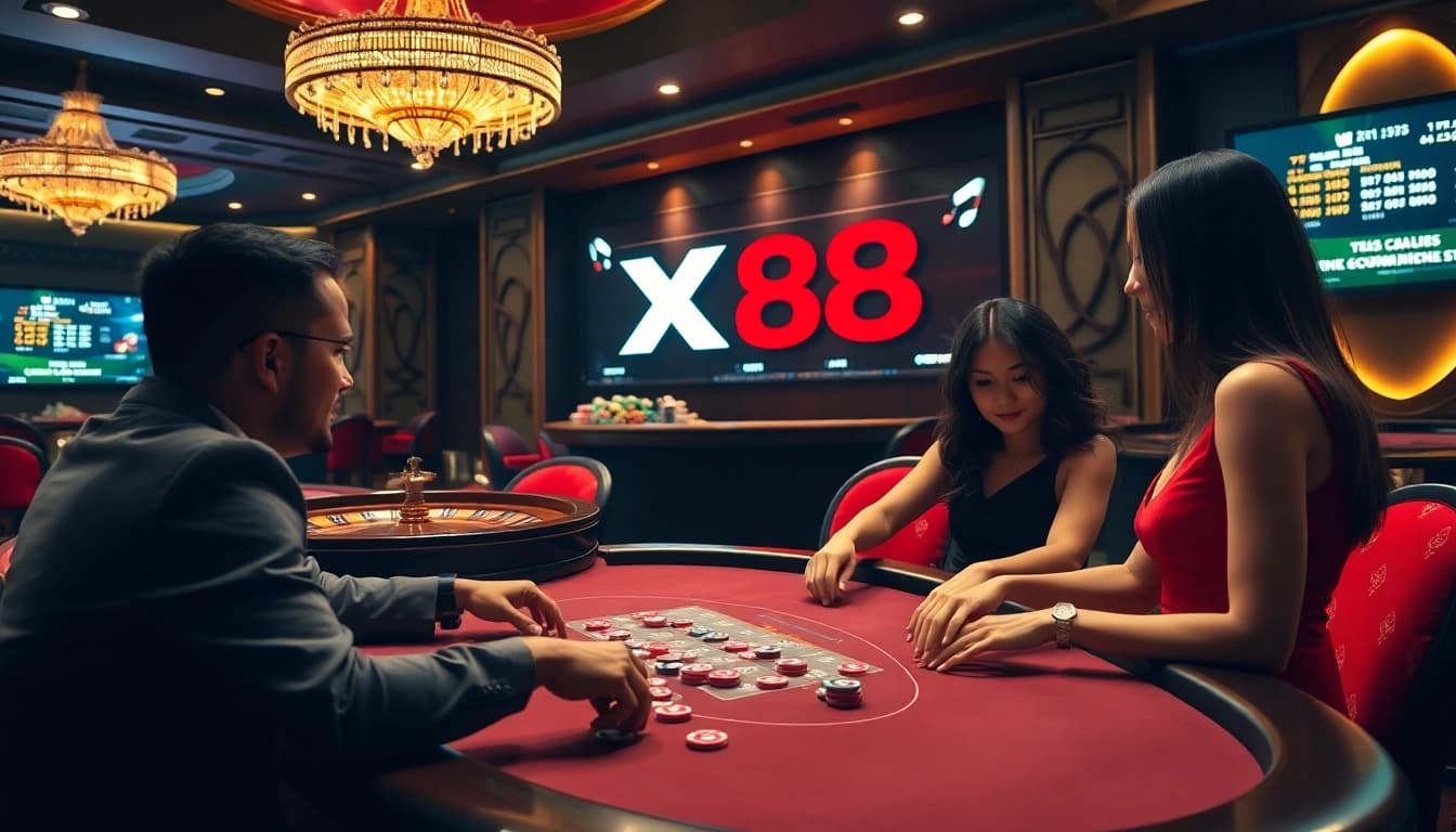 X88 betting excitement with professional dealers at a luxurious casino poker table.